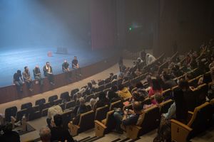 Rachid Hedli and Compagnie Niya responding to audience questions after their performance of Gueules Noires (2016) at Sharjah Biennial 15, Sharjah Performing Arts Academy (7 February–11 June 2023). Courtesy Sharjah Art Foundation. Photo: Motaz Mawid.